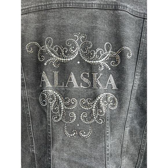 Vintage 90s Y2K Size Large ALASKA Bedazzled Rhinestone Black Jean Jacket Western - Picture 1 of 8